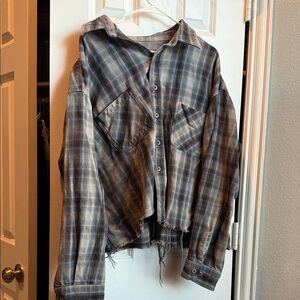 Distressed Cropped Plaid Button Down Shirt